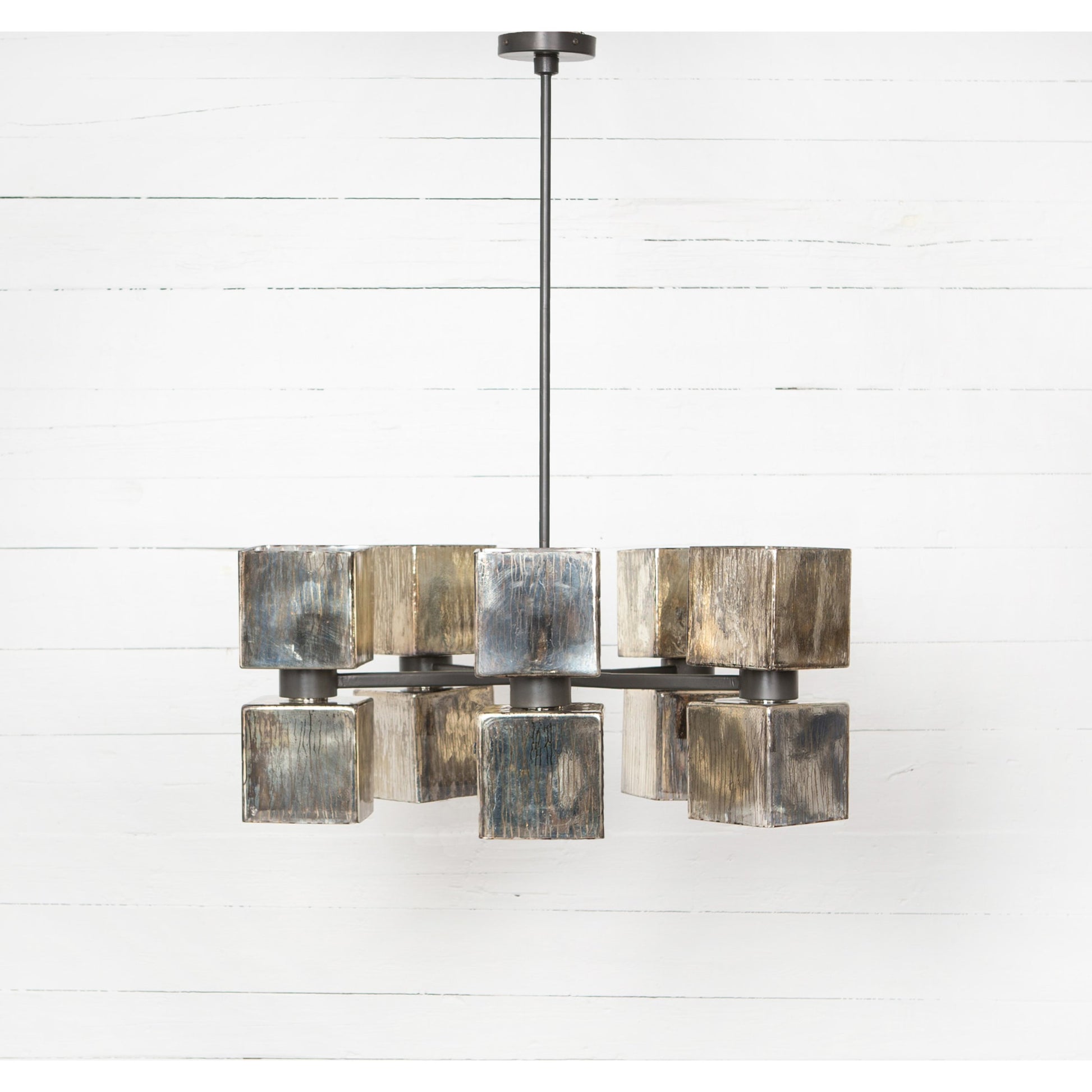 Ava Large Chandelier by Four Hands in antiqued iron, aged metallic glass. Made from iron, glass in a modern style.