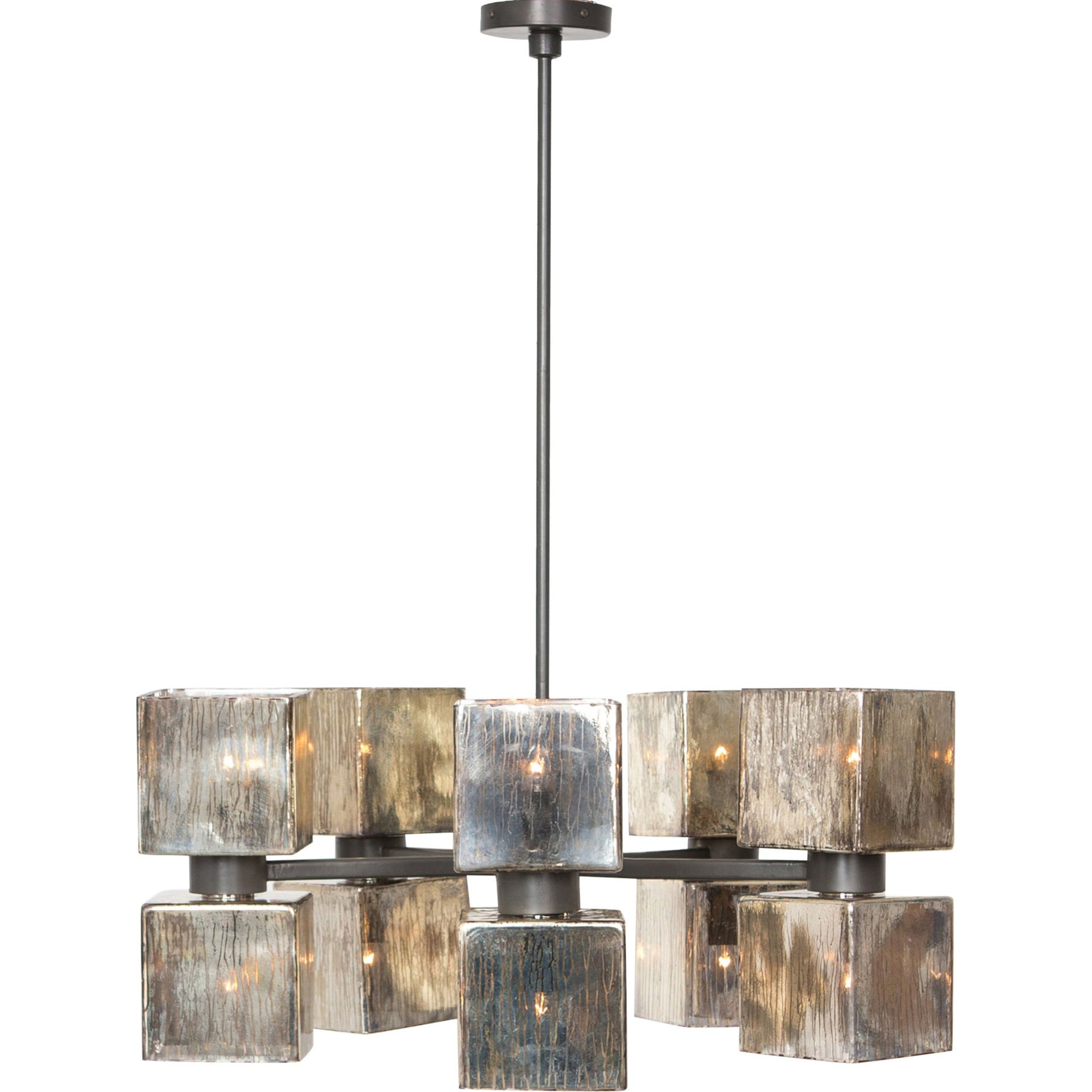 Ava Large Chandelier by Four Hands in antiqued iron, aged metallic glass. Made from iron, glass in a modern style.