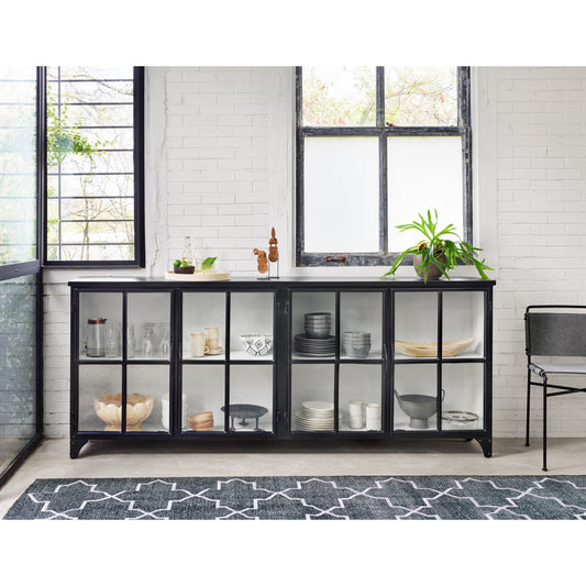 Camila Sideboard by Four Hands in painted white, black and tempered glass, painted white, black. Made from iron in a eclectic & global style.