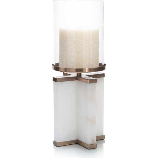 Alhambra Candle Holder by John-Richard in alabaster, bronze and white alabaster, coffee bronze, cream. Made from alabaster, glass, iron in a transitional style.