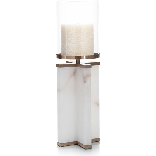 Alhambra Candle Holder by John-Richard in alabaster, bronze and white alabaster, coffee bronze, cream. Made from alabaster, glass, iron in a transitional style.