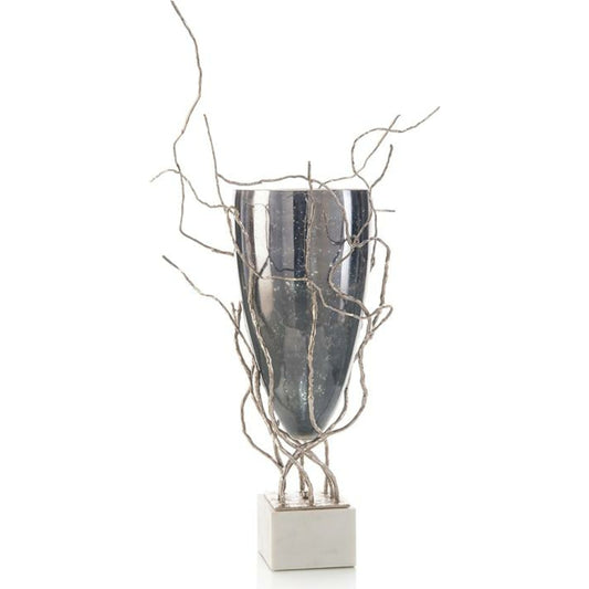 001 SR-865235 | Primary Silo | Profusion of Saplings Vase by John-Richard in blue, nickel, white. Made from glass, nickel in a transitional style.