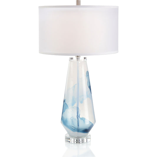 Blue Cloud Glass Table Lamp by John-Richard in brushed nickel, smoky blue. Made from iron, glass, lead free crystal in a coastal style.