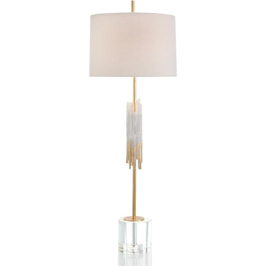 Selenite and Gold Leaf Console Lamp by John-Richard in brass, clear, gold, white. Made from brass, cotton, crystal in a coastal style.