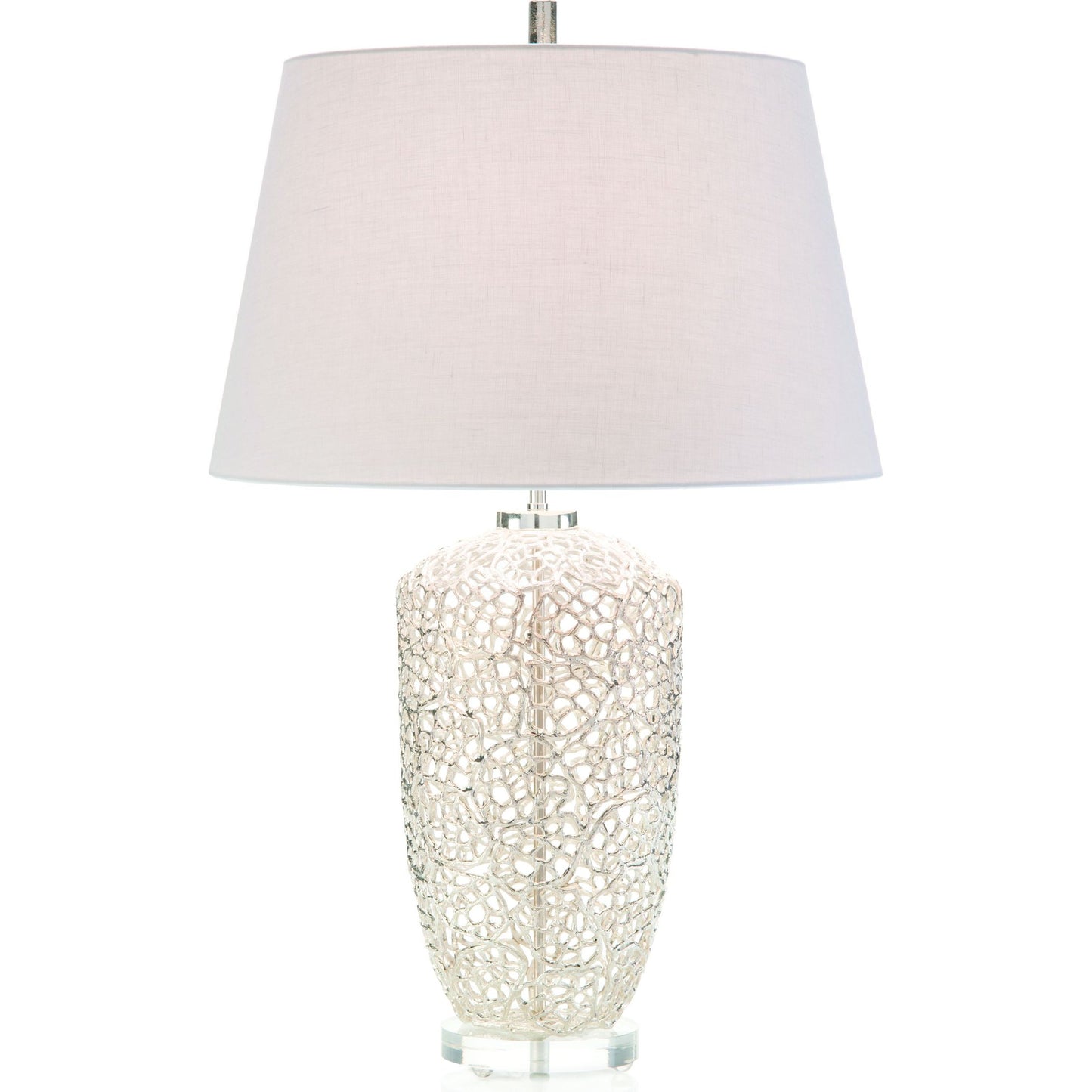 001 SR-772009 | Primary Silo | Silver Vines Table Lamp by John-Richard in nickel, clear. Made from brass, acrylic linen, styrene in a coastal style.