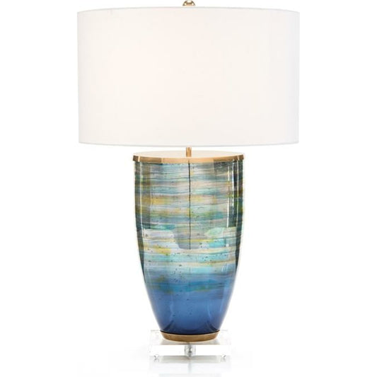 Blue Striated Glass Table Lamp by John-Richard in blue, gold, white. Made from acrylic, glass in a coastal style.
