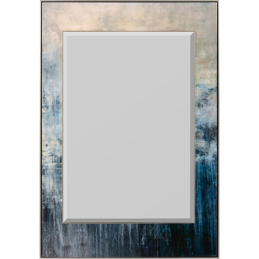Blue Falls Mirror by John-Richard in blue, silver and resin over giclee. Made from poplar wood, epoxy resin, canvas, bevel mirror, pterosernum javanicus in a coastal style.