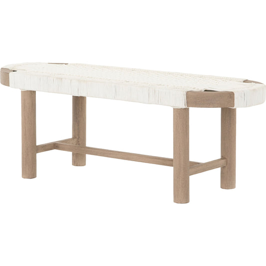 Sumner Outdoor Bench by Four Hands in washed brown-fsc, white rope. Made from solid fsc®-certified teak, 100% polypropylene in a cottage & farmhouse style.