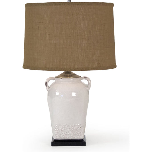 Sampson Lamp by Zentique in distressed crackle white, burlap shade and ceramic. Made from ceramic in a cottage & farmhouse style.