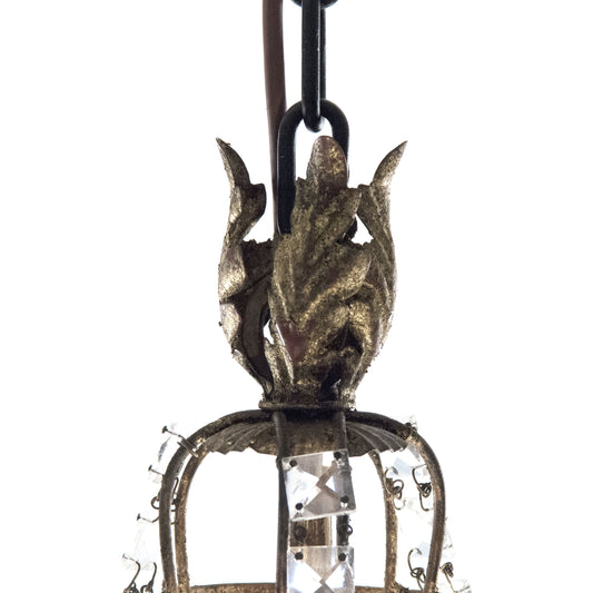Corette Hanging Light by Zentique in weathered finish, gold leaf metal and crystal, elm. Made from crystal, elm in a traditional style.