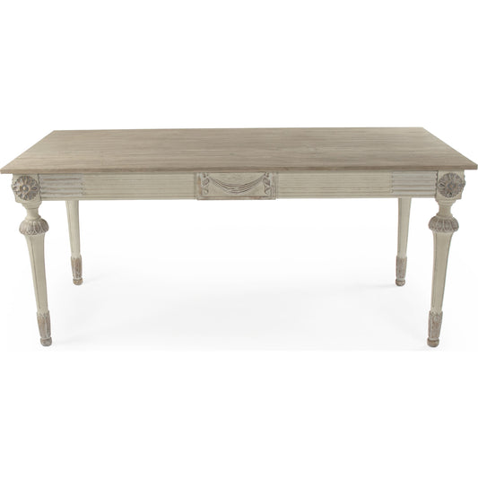Bastian Dining Table by Zentique in distressed taupe, dry natural finish top and birch, elm, plywood. Made from elm, birch. plywood in a traditional style.
