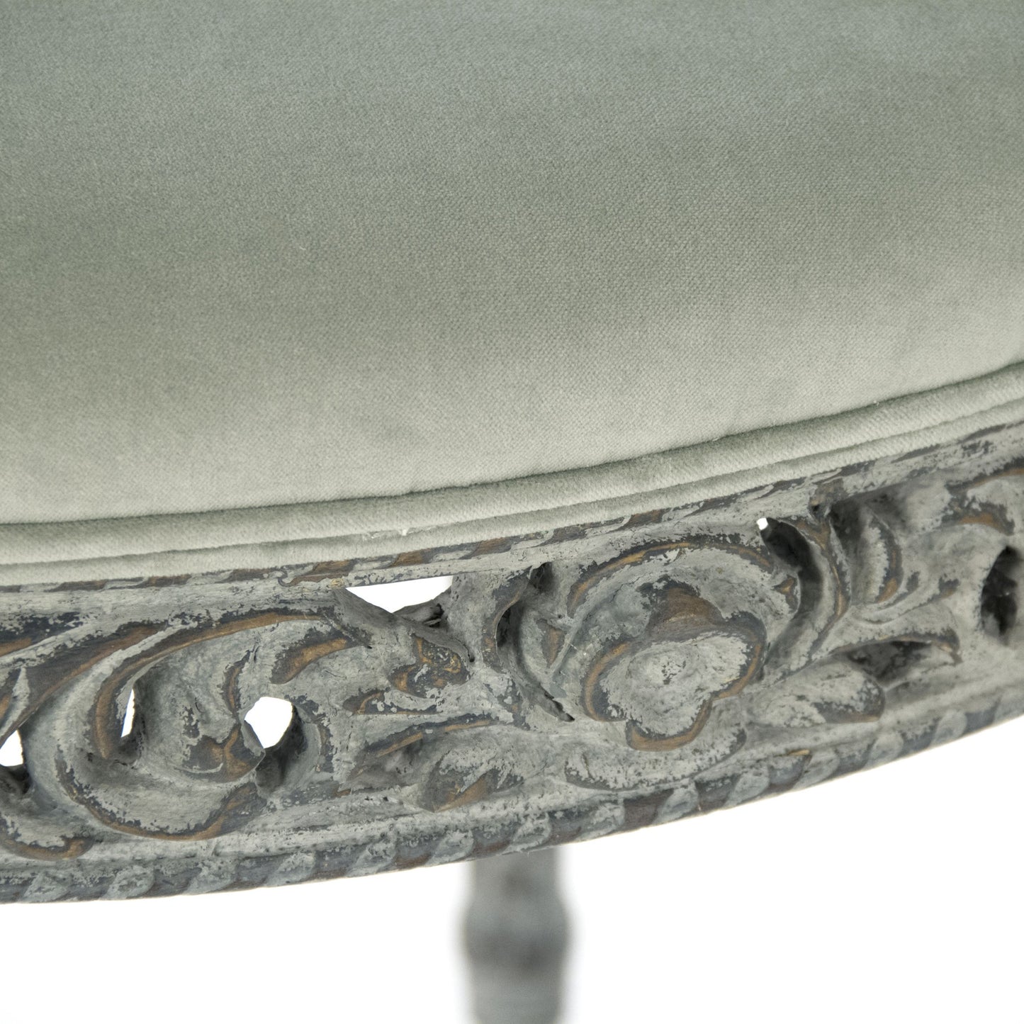 001 S-337225 | Closeup | Galdy Stool by Zentique in distressed olive green, olive greenvelvet and birch. Made from birch in a traditional style.