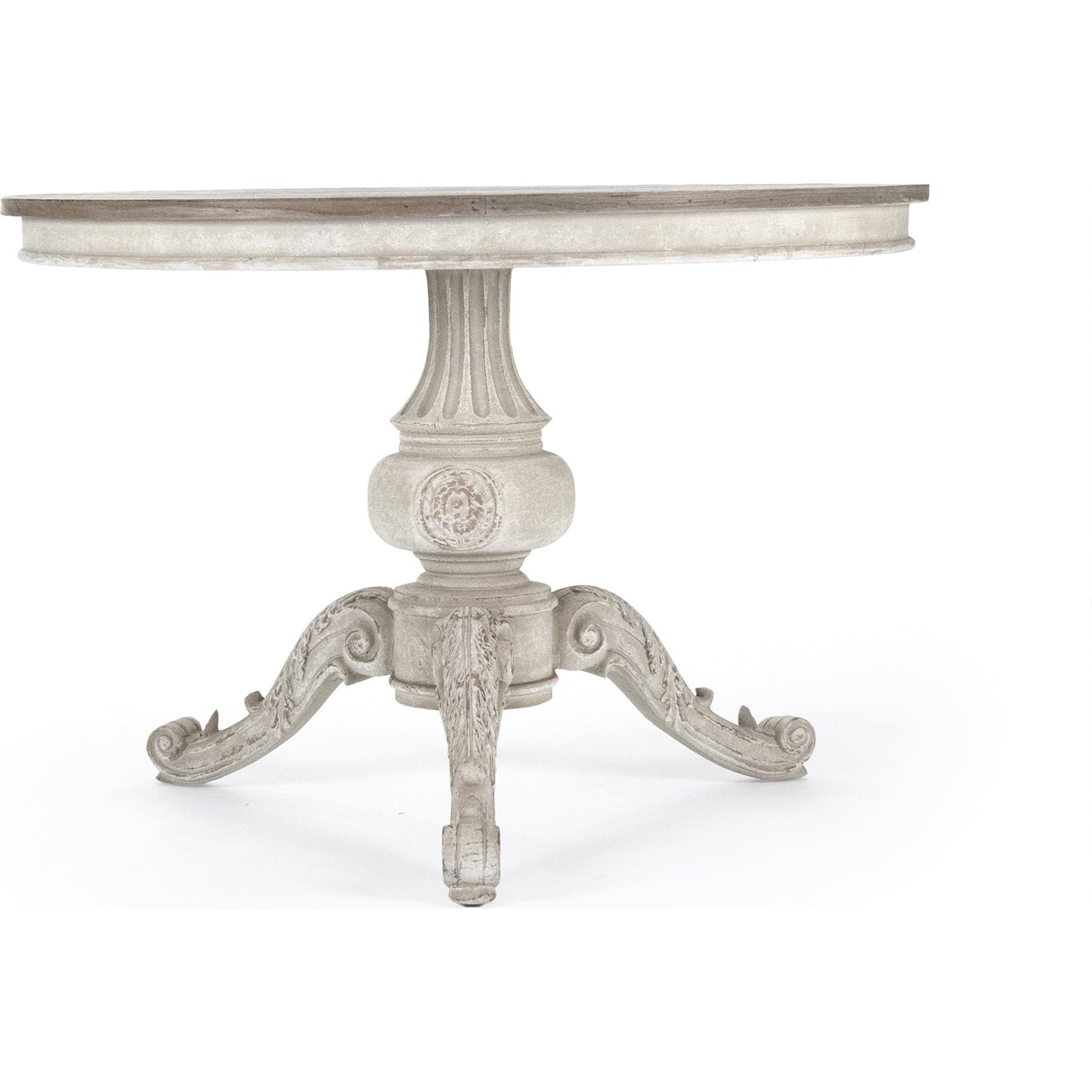 004 S-336878 | Closeup | Chandler Dining Table by Zentique in weathered top, white washed base and elm, birch, pine. Made from elm, birch, pine in a cottage & farmhouse style.