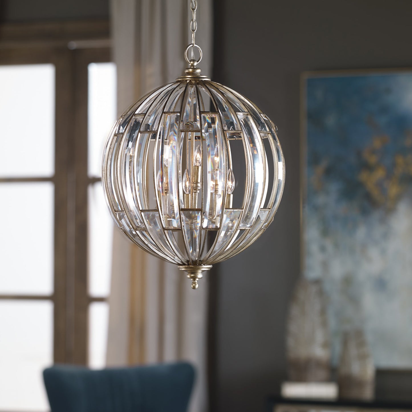 003 S-252716 | Lifestyle | Vicentina Sphere Pendant by Uttermost. Made from iron 40%, crystal 56%, poly 4% in a modern style.