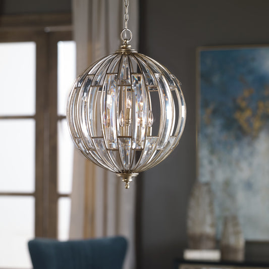 Vicentina Sphere Pendant by Uttermost. Made from iron 40%, crystal 56%, poly 4% in a modern style.