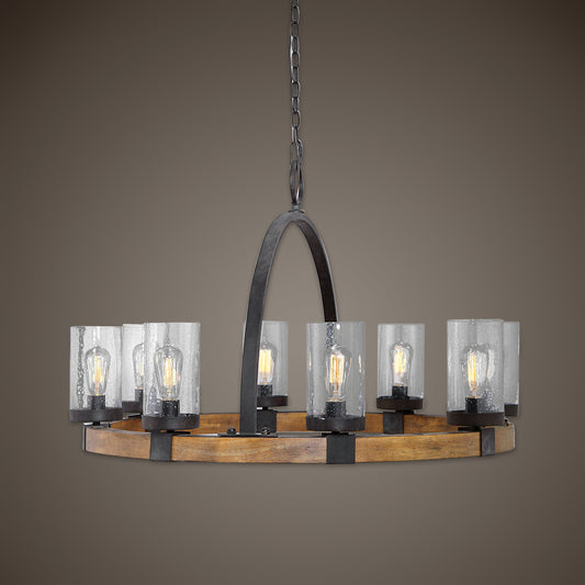 Atwood Wagon Wheel Pendant by Uttermost. Made from steel, rubber wood, glass in a rustic style.