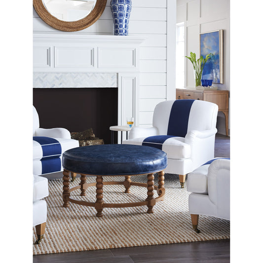 Naples Leather Cocktail Ottoman by Barclay Butera in navy. Made from unique in a eclectic & global style.