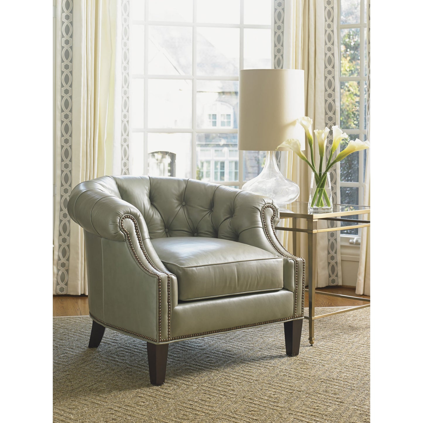 002 SR-835463 | Lifestyle | Kendrick Leather Chair by Lexington in sage gray. Made from unique in a transitional style.