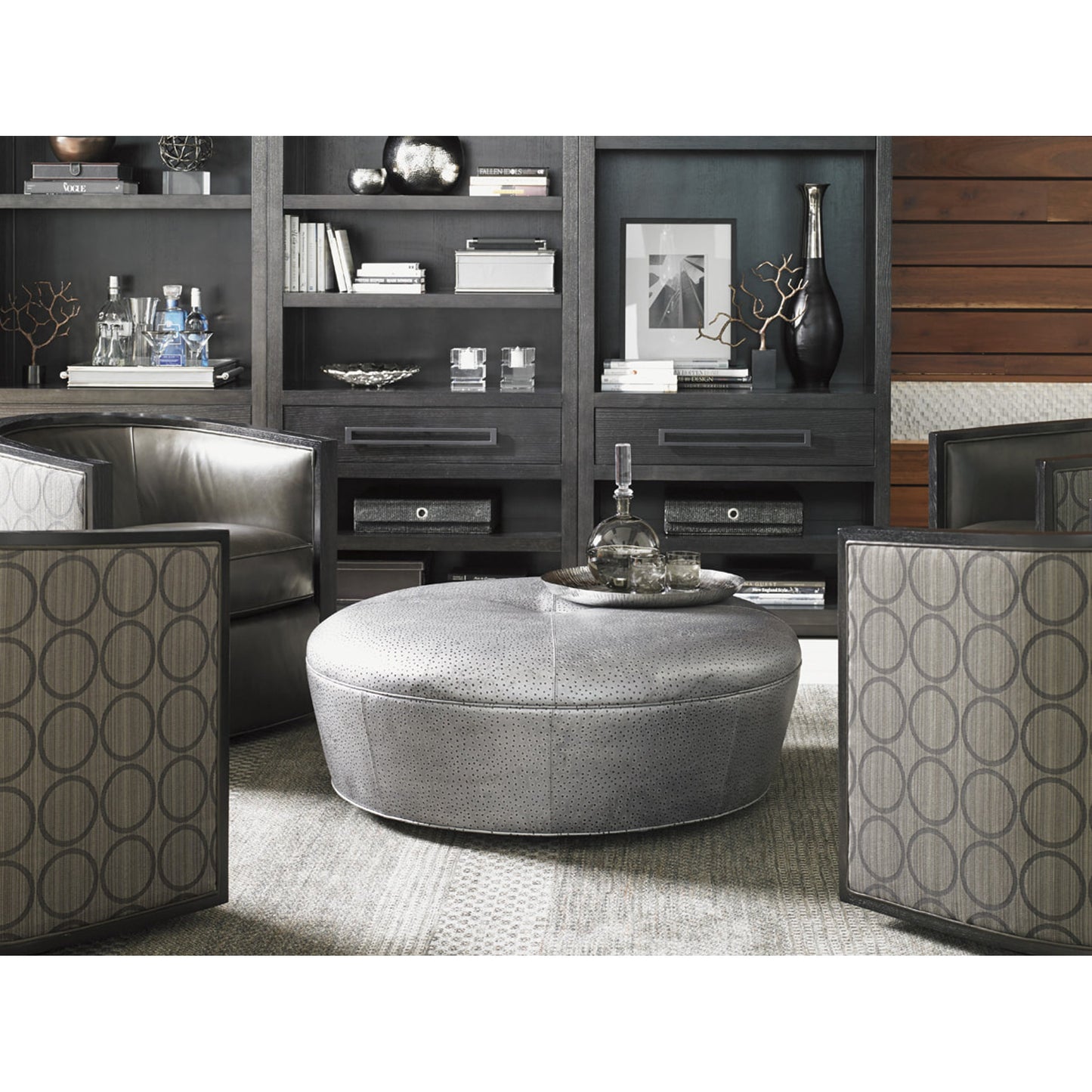 002 SR-835262 | Lifestyle | Claudia Leather Ottoman by Lexington in carbon gray. Made from unique in a transitional style.