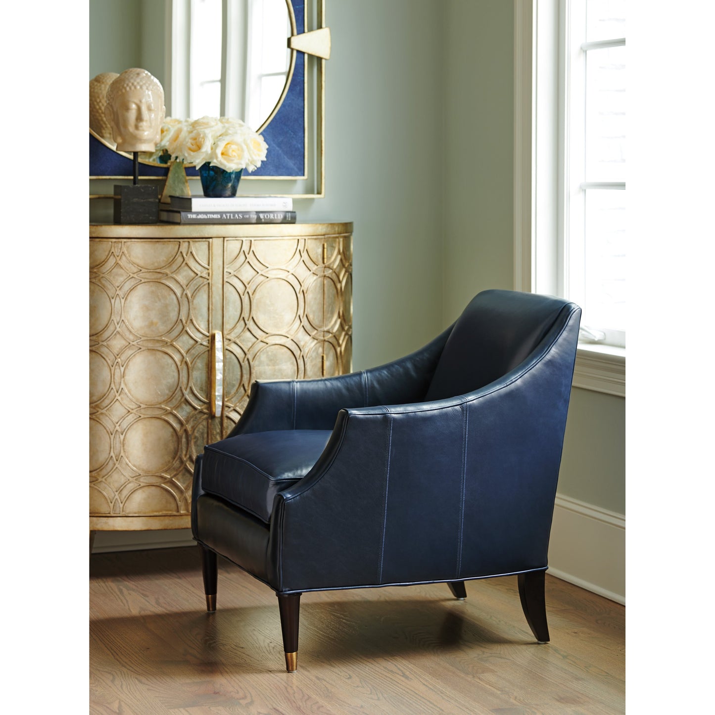 003 SR-835465 | Lifestyle | Kerney Leather Chair by Lexington in navy. Made from unique in a transitional style.