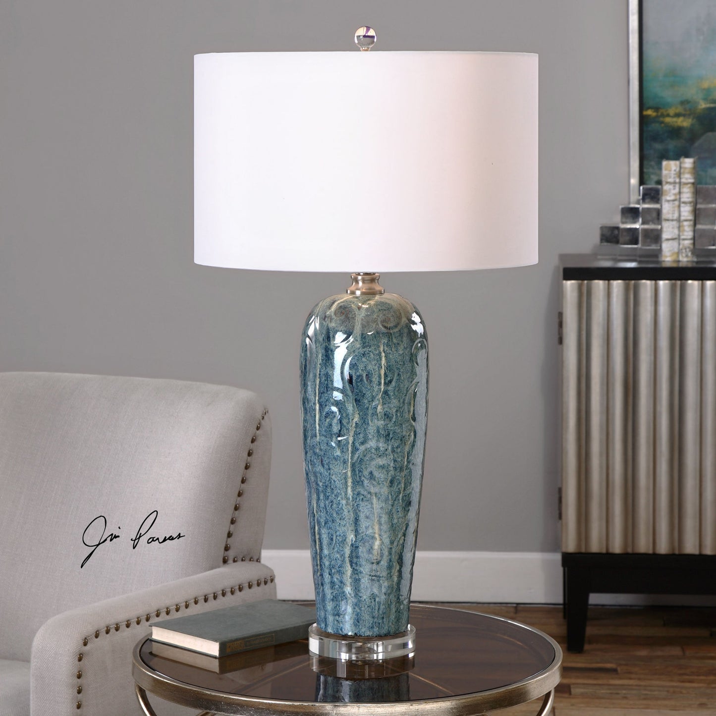003 S-253504 | Additional Silo | Maira Table Lamp by Uttermost in blue. Made from crystal, steel, ceramic in a modern style.