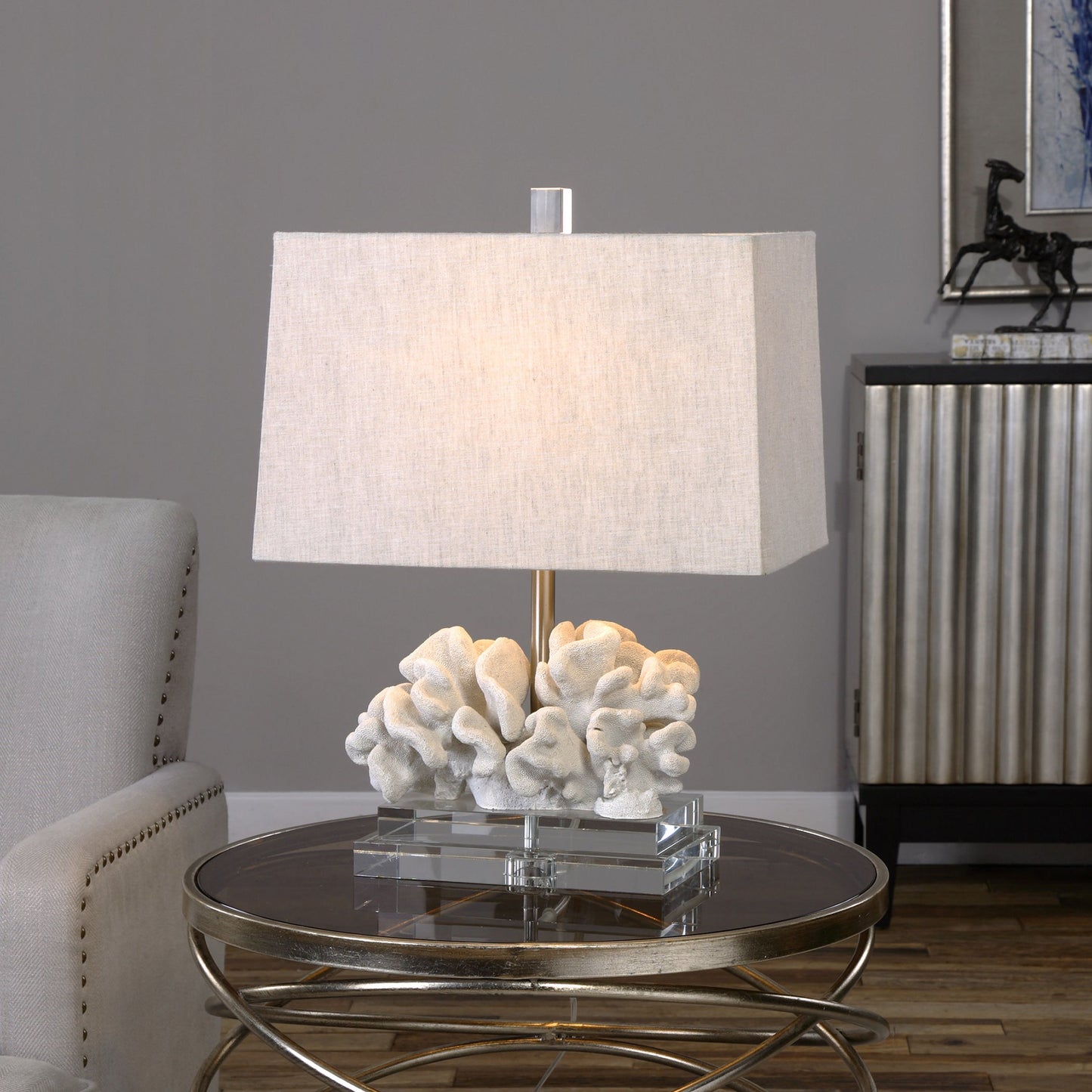 002 S-253532 | Lifestyle | Coral Sculpture Table Lamp by Uttermost. Made from resin, crystal, iron in a coastal style.