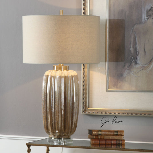 Gistova Table Lamp by Uttermost in gold. Made from steel, ceramic, crystal in a modern style.
