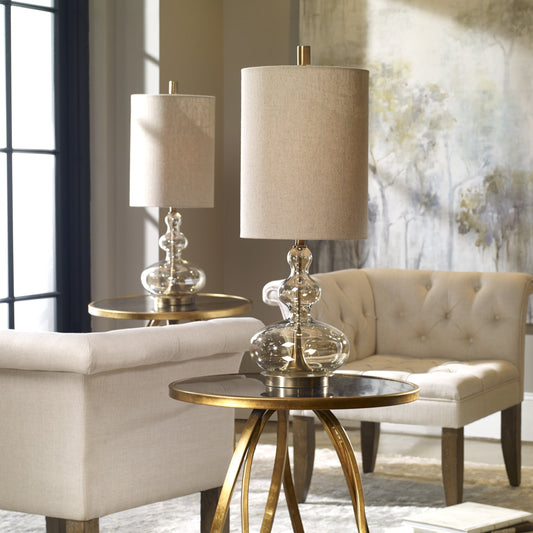 Formoso Amber Glass Table Lamp by Uttermost. Made from steel, glass, fabric in a modern style.
