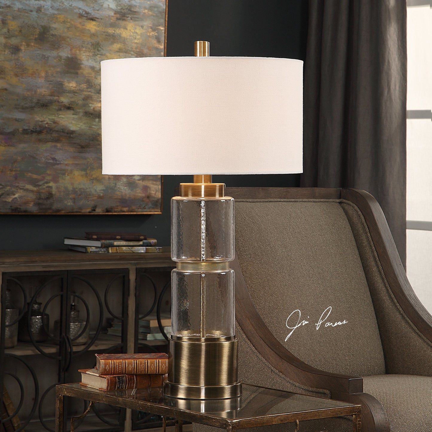 003 S-329077 | Additional Silo | Vaiga Glass Column Lamp by Uttermost. Made from steel, glass, fabric in a modern style.