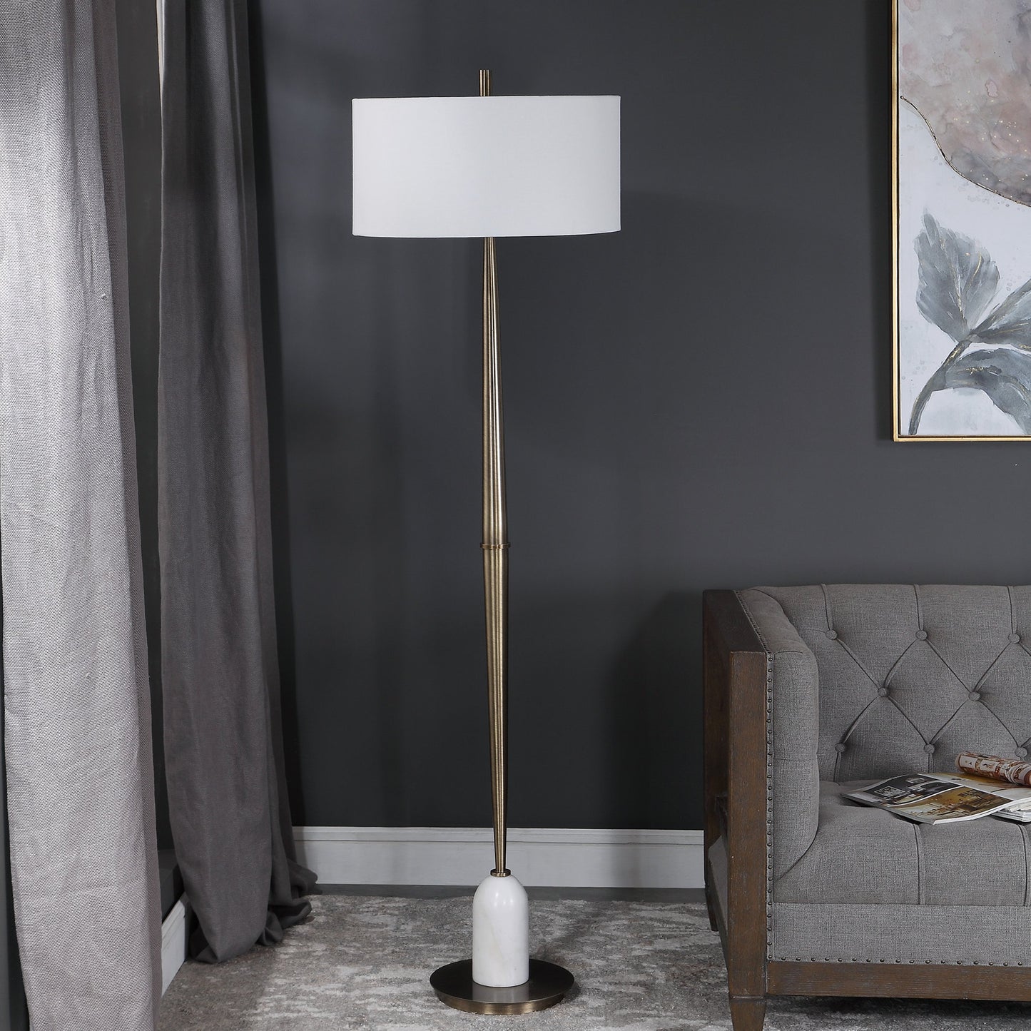 005 SR-389030 | Lifestyle | Minette Floor Lamp by Uttermost in antique brass. Made from steel, marble, fabric in a modern style.