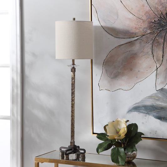 Parnell Buffet Lamp by Uttermost in antique brass. Made from steel, crystal, fabric in a transitional style.