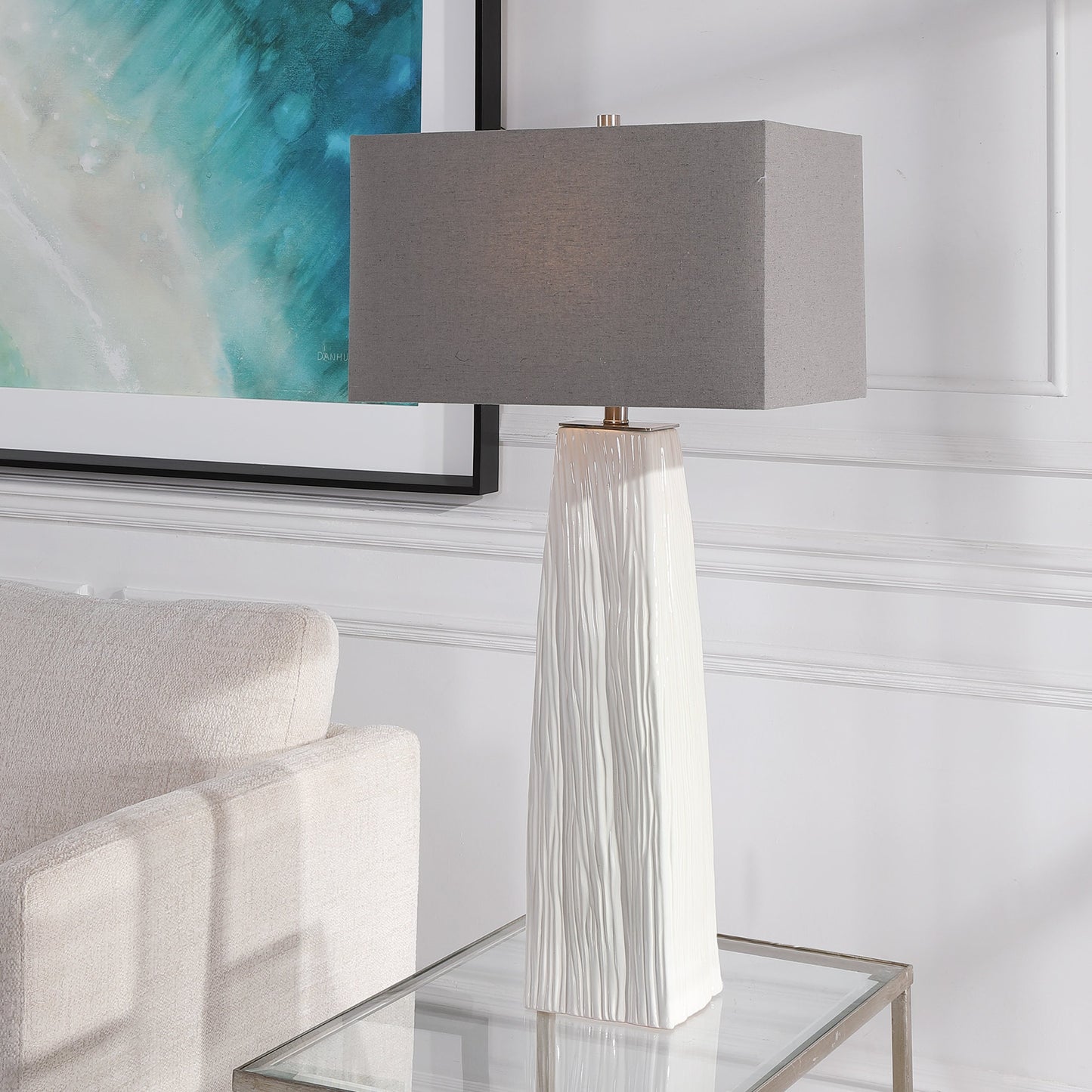 005 SR-861009 | Lifestyle | Sycamore Table Lamp by Uttermost in white. Made from ceramic, iron, fabric in a transitional style.