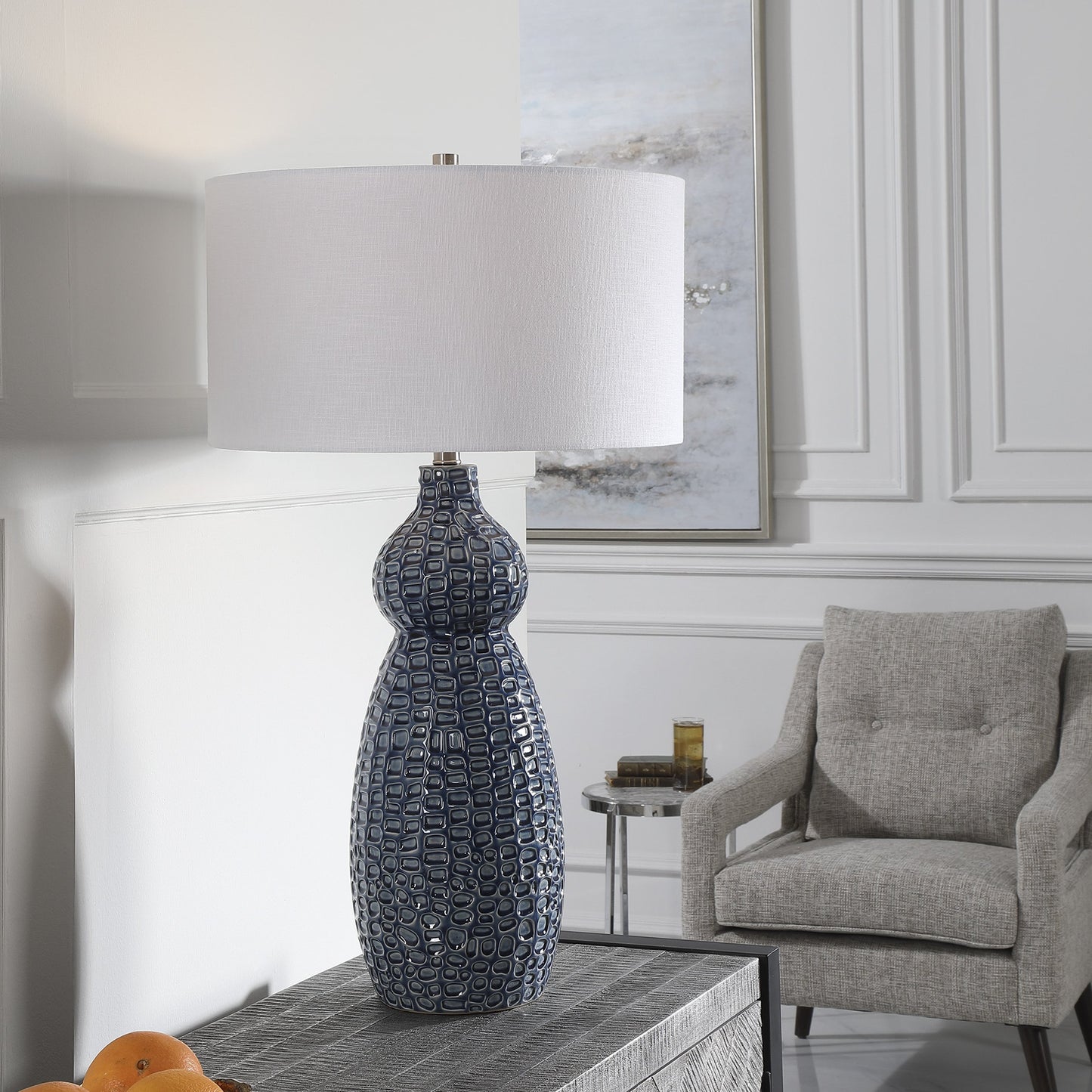 006 SR-861008 | Lifestyle | Holloway Table Lamp by Uttermost in blue. Made from ceramic, iron, fabric in a transitional style.