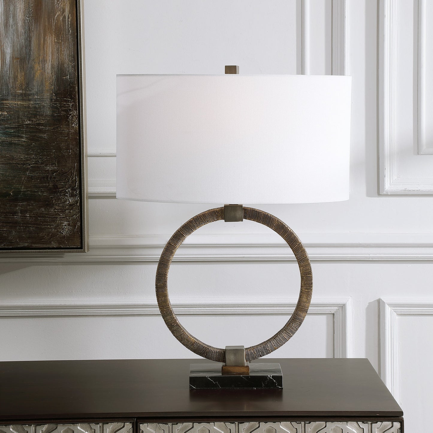 005 SR-824211 | Lifestyle | Relic Aged Table Lamp by Uttermost in gold. Made from resin, marble, iron, fabric in a eclectic & global style.