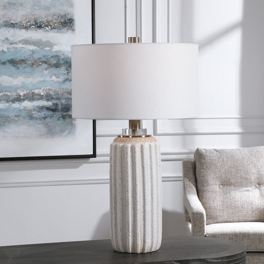 Azariah Table Lamp by Uttermost in white. Made from iron, ceramic, crystal, fabric in a modern style.