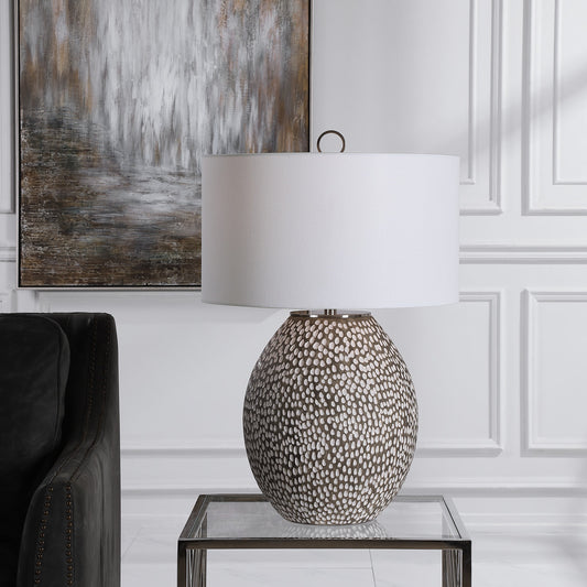 Cyprien Table Lamp by Uttermost in gray. Made from iron, ceramic, fabric in a modern style.