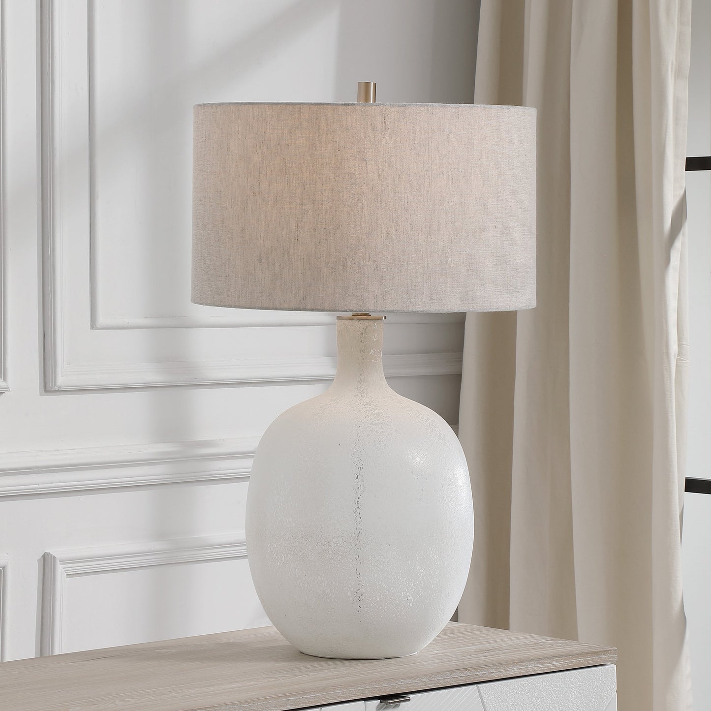 005 SR-897306 | Lifestyle | Whiteout Mottled Glass Table Lamp by Uttermost. Made from steel, glass, fabric in a cottage & farmhouse style.