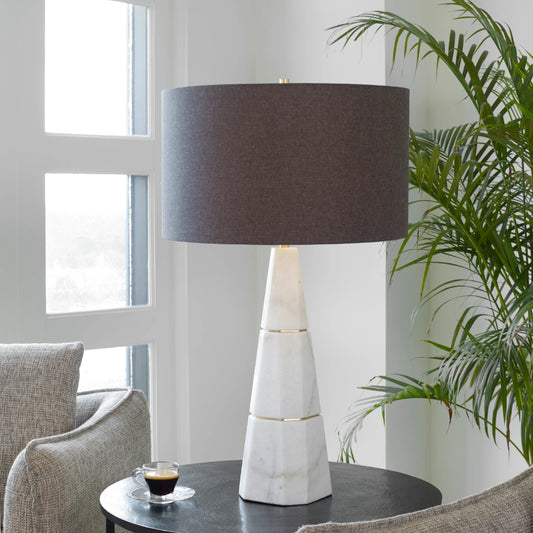Citadel Table Lamp by Uttermost in brass. Made from marble, iron, fabric in a transitional style.