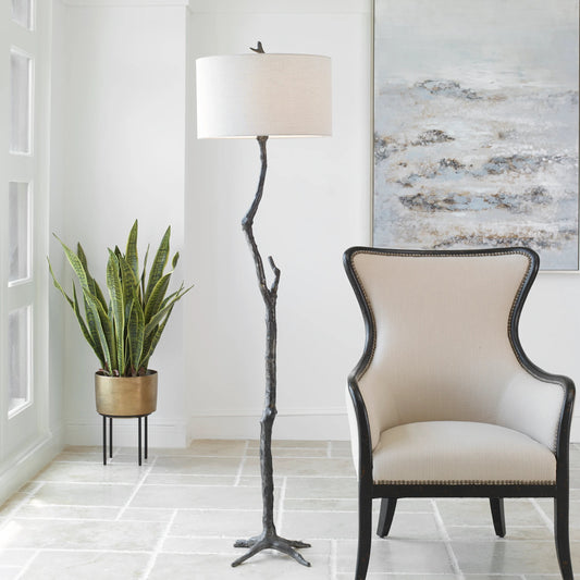 Spruce Floor Lamp by Uttermost in silver. Made from casting iron, fabric in a modern style.