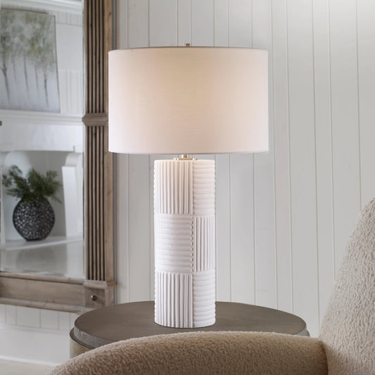 Patchwork Table Lamp by Uttermost in nickel. Made from ceramic, iron, fabric in a modern style.