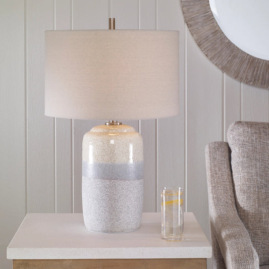 Pinpoint Specked Table Lamp by Uttermost in nickel. Made from steel, ceramic, fabric in a modern style.