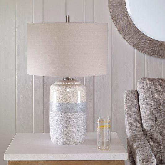 Pinpoint Specked Table Lamp by Uttermost in nickel. Made from steel, ceramic, fabric in a modern style.