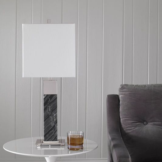 Pilaster Table Lamp by Uttermost in nickel. Made from steel, marble, fabric in a modern style.
