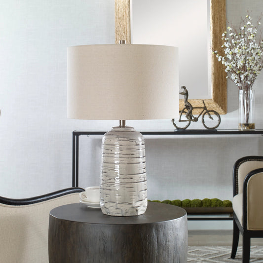 Cyclone Table Lamp by Uttermost in nickel. Made from ceramic, iron, fabric in a modern style.