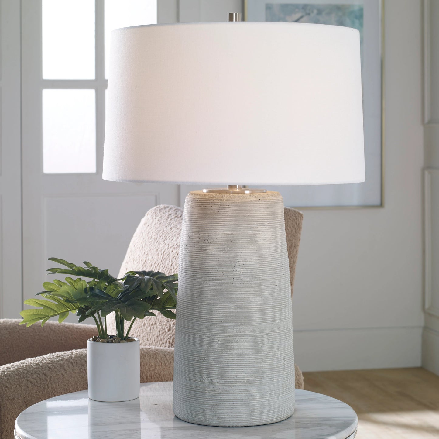 006 SI-1981385 | Lifestyle | Mountainscape Table Lamp by Uttermost in off white, gray. Made from steel, ceramic, fabric in a modern style.