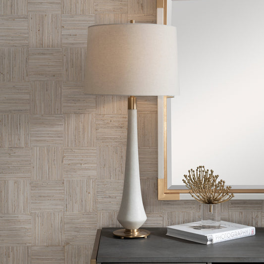 Marille Table Lamp by Uttermost in ivory. Made from iron, rice resin, linen in a modern style.