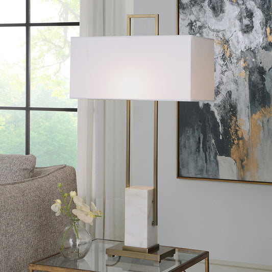Column Table Lamp by Uttermost in brass. Made from steel, marble in a modern style.
