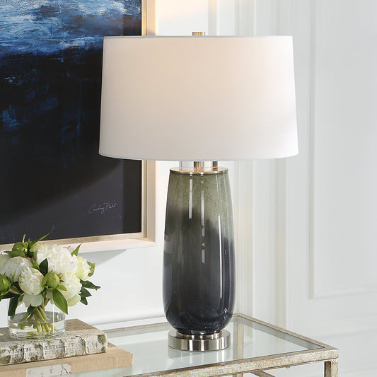 Campa Table Lamp by Uttermost in speckled green, gray-blue ombre. Made from crystal, glass, iron, fabric in a modern style.