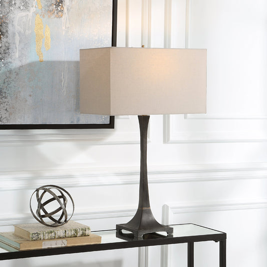Reydan Table Lamp by Uttermost in black. Made from steel, casting iron, fabric in a modern style.