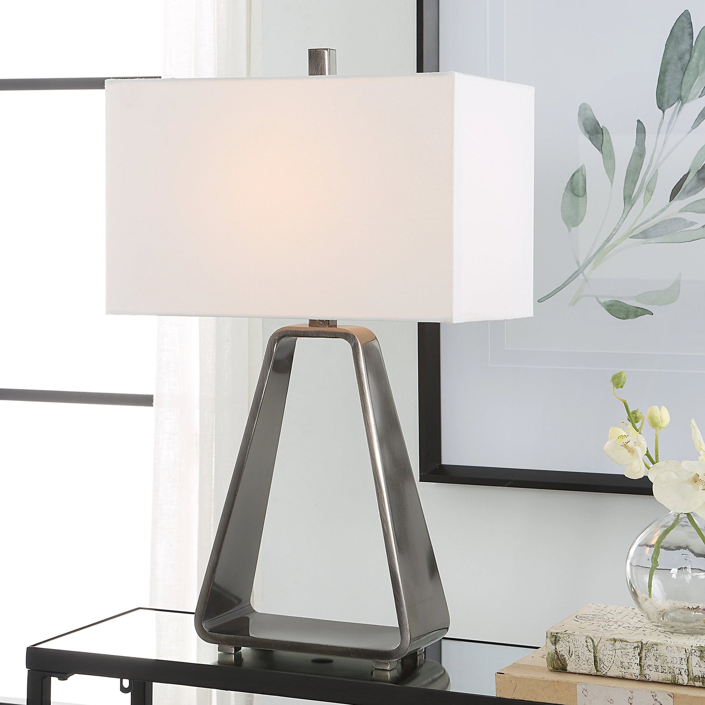 007 SI-1981395 | Lifestyle | Halo Table Lamp by Uttermost in antique nickel. Made from steel, fabric in a modern style.